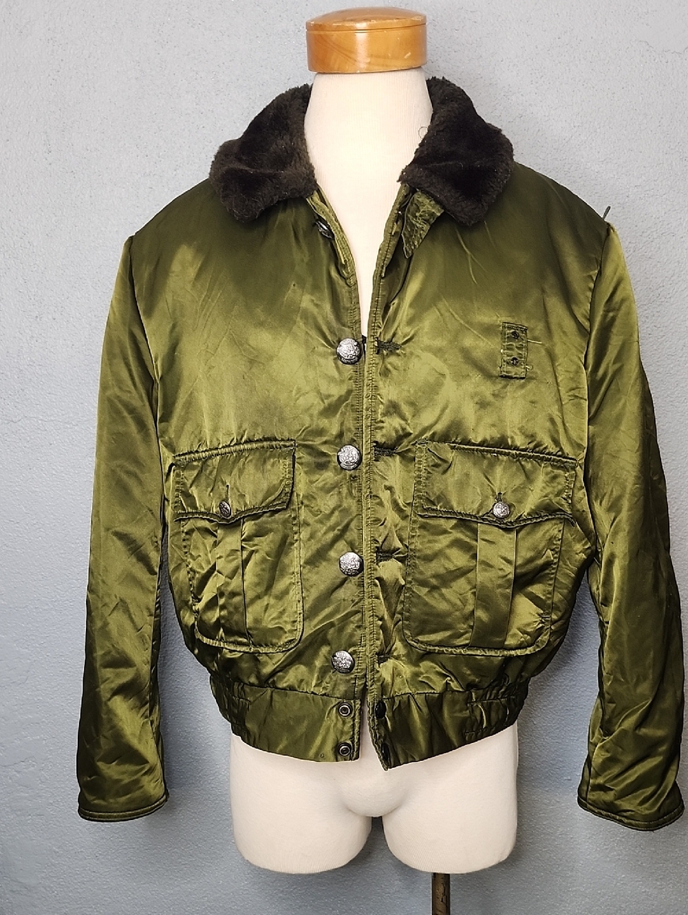Olive Green Satin Bomber Jacket with Dark Fur Collar